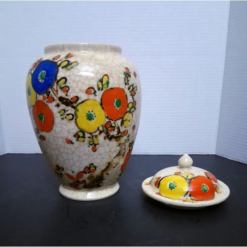 Vintage Hand-Painted Flowers Crackle Glaze Japanese Ginger Jar Temple Jar w Lid